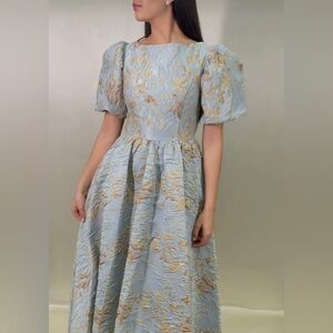 Mac Duggal BROCADE PUFF SLEEVE HIGH LOW GOWN 11608